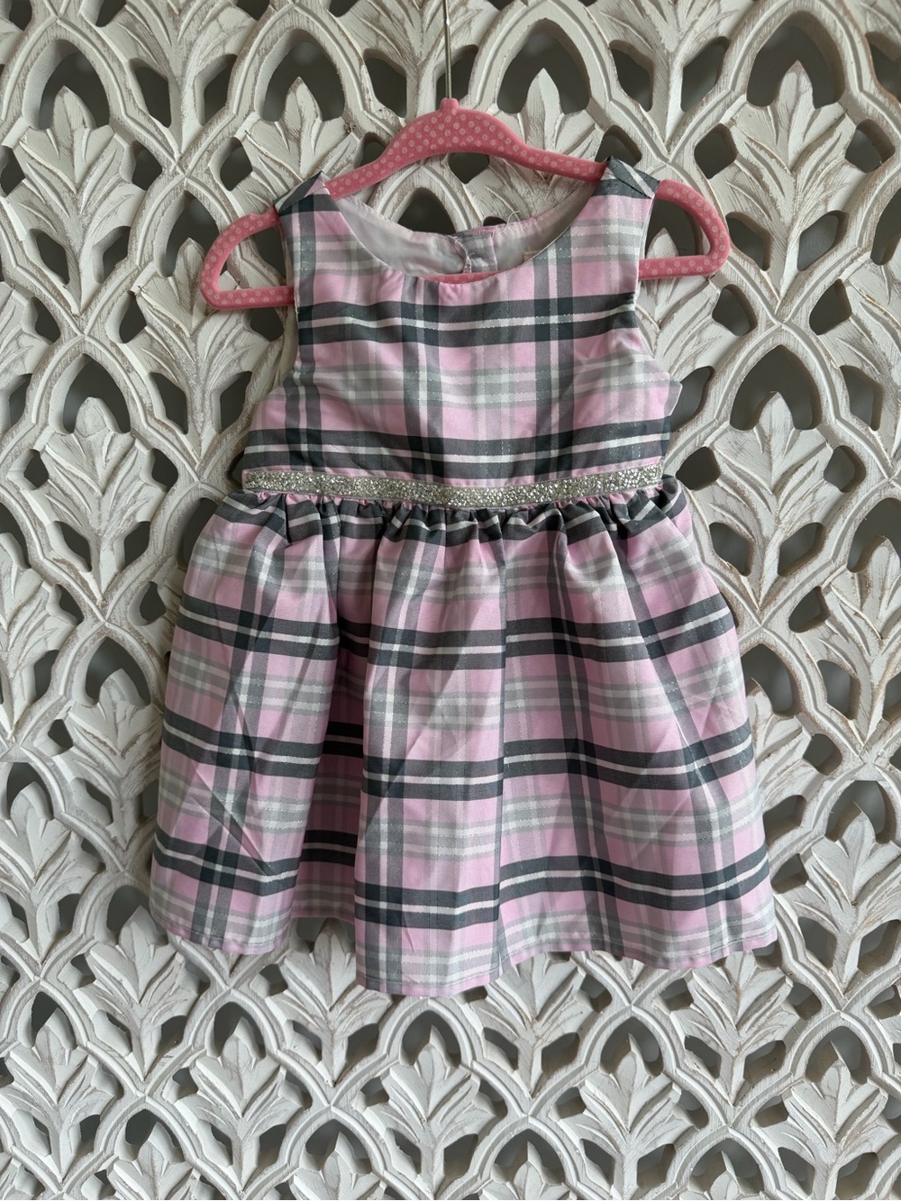 Youngland 18M Pink and Gray Plaid Fancy Dress with Glitter Waistband